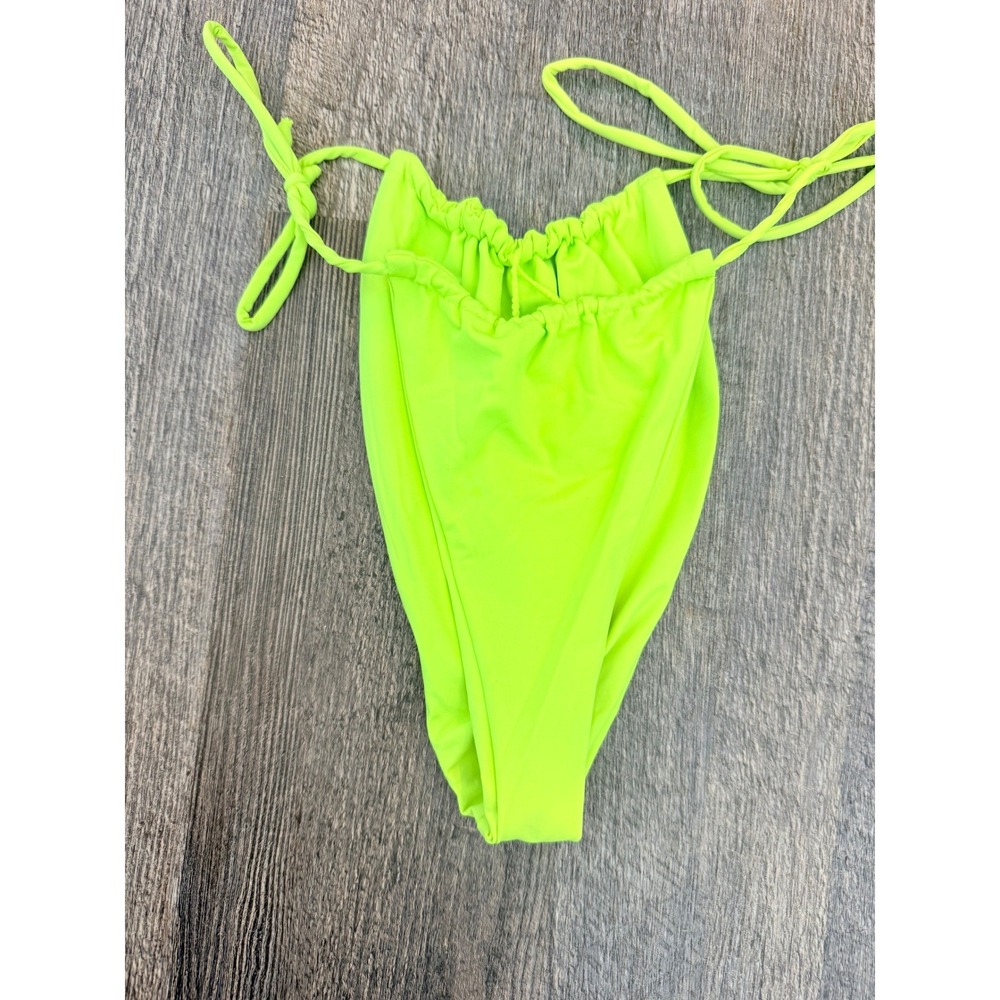 Good American Neon Yellow Ruched Side Tie Bikini Bottom Size 2 High Cut Swim - Picture 2 of 5